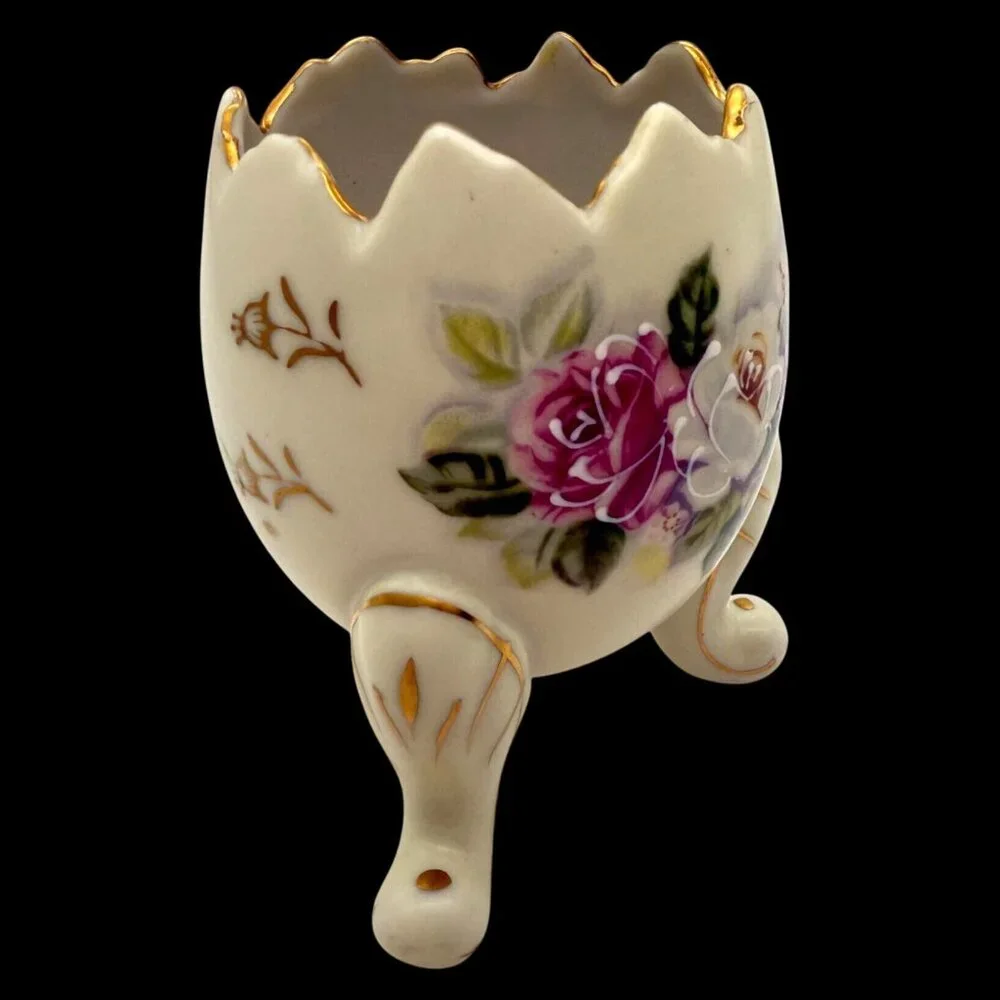INARCO Broken Egg Planter Footed Vase Vtg 60s Hand Painted Roses Easter Spring